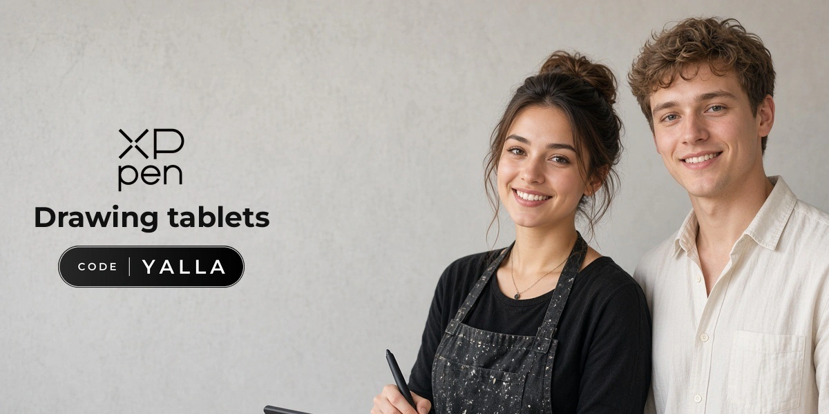 XPPen promo code YALLA banner with shoppers enjoying drawing tablets