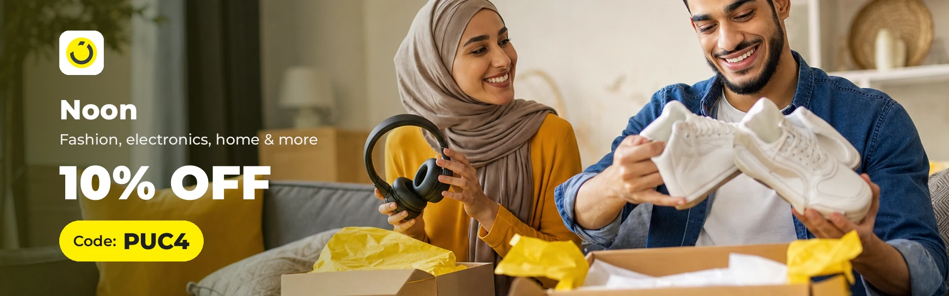 noon promo code YALLA18 banner with shoppers enjoying their latest finds