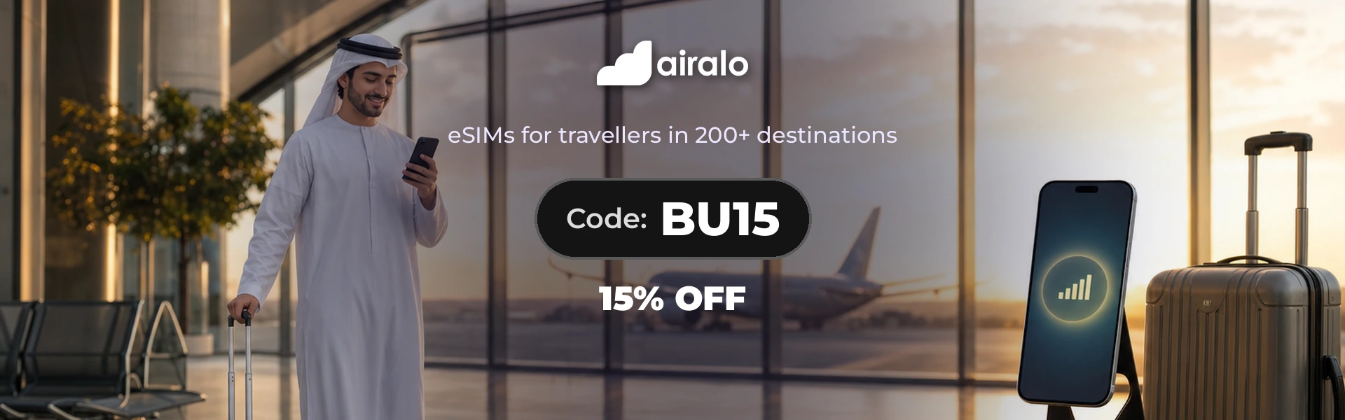Airalo promo code BU15 homepage banner