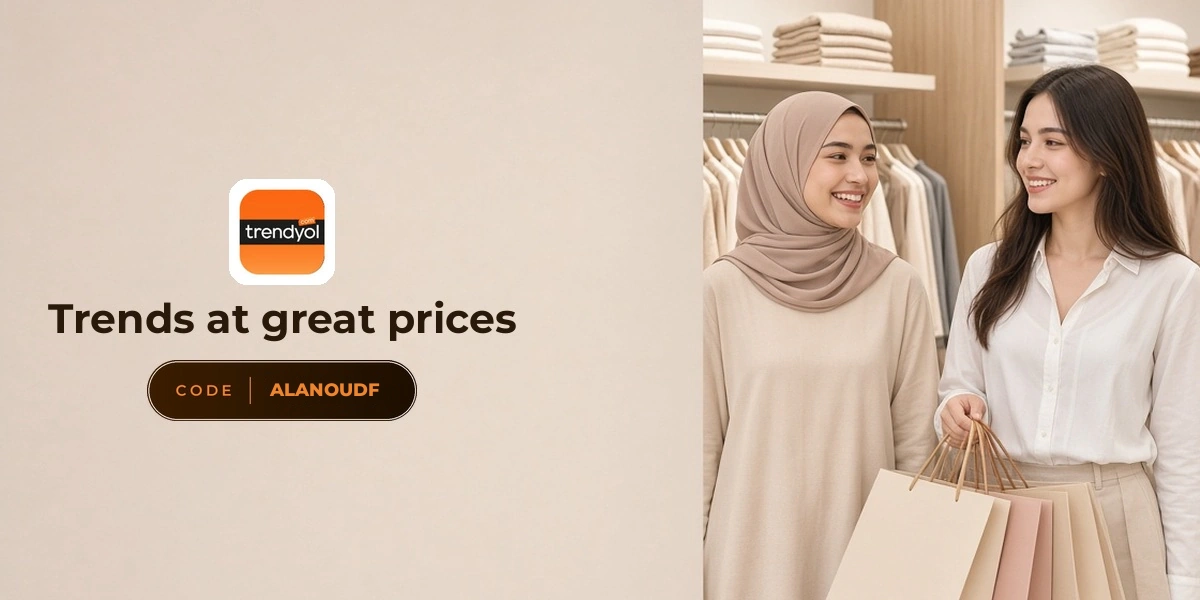 Trendyol promo code YALLA banner with shoppers enjoying bags and knitwear