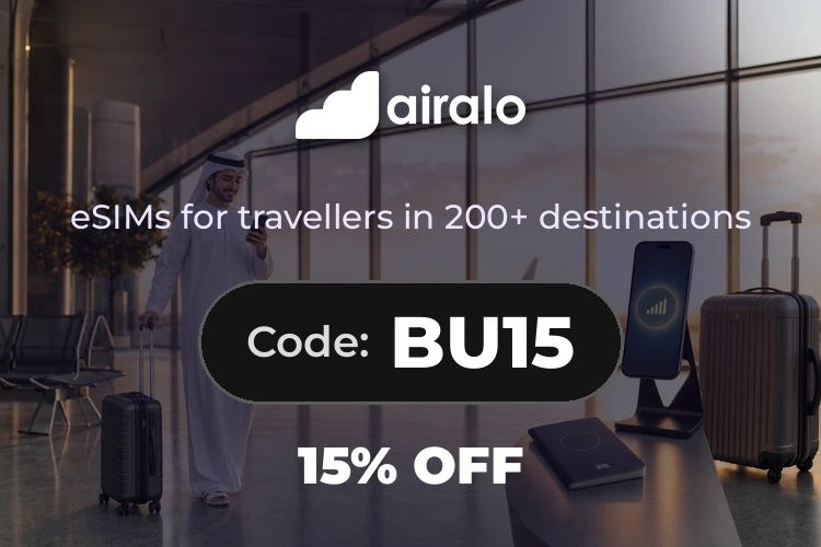 Airalo promo code BU15 homepage banner