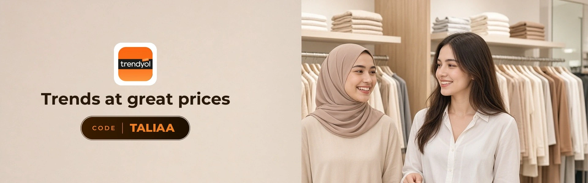 Trendyol promo code YALLA banner with shoppers enjoying bags and knitwear