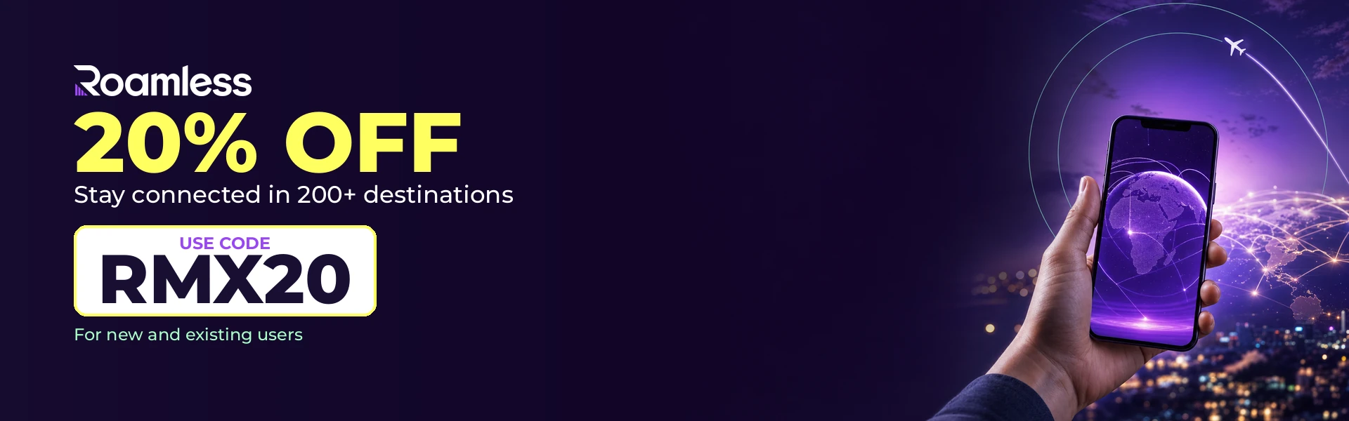 Roamless code RMX20: 20% off travel eSIM in Saudi