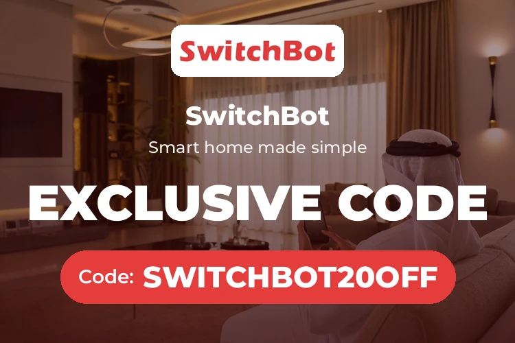 SwitchBot promo code YALLA banner with shoppers enjoying smart home devices