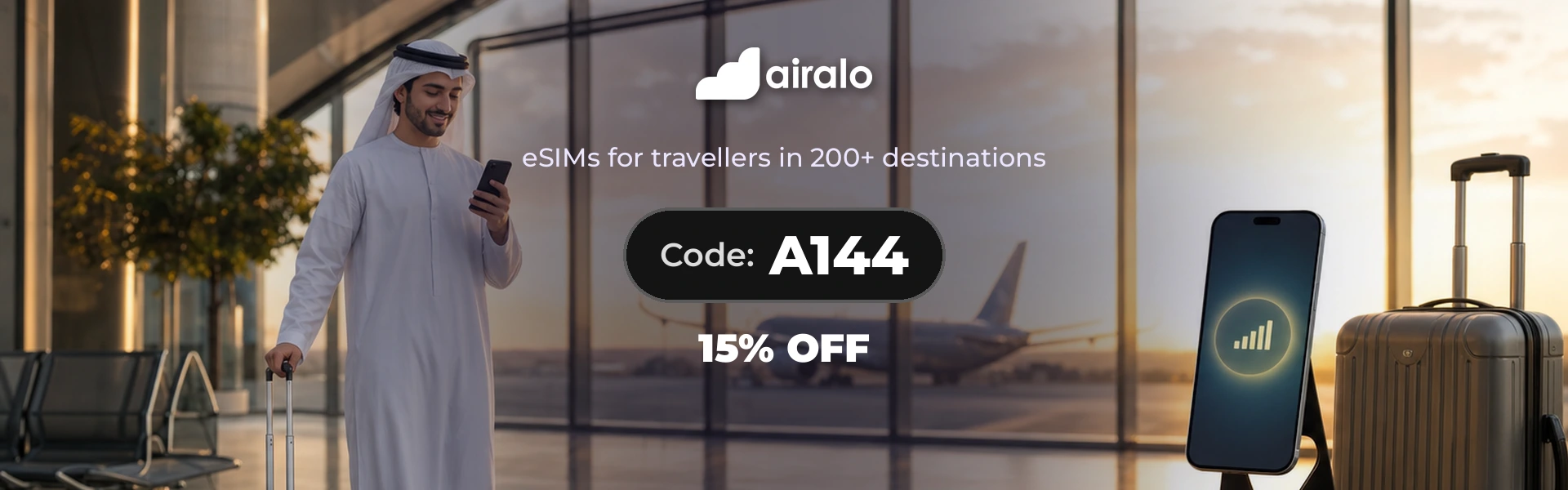 Airalo promo code A144 homepage banner