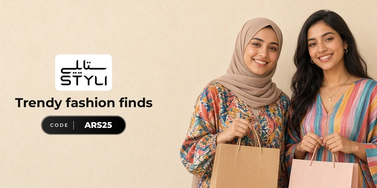STYLI promo code YALLA banner with shoppers enjoying trendy fashion