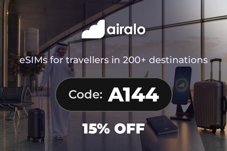 Airalo promo code A144 homepage banner